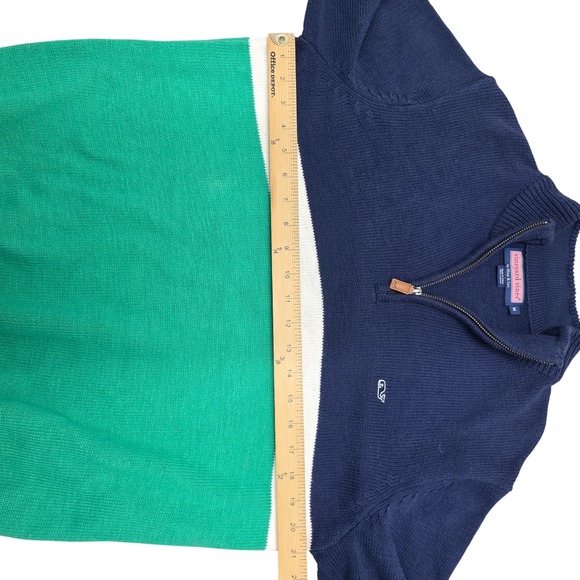 Vineyard Vines Men's Quarter Zip Sweater Navy Green White Stripe Size M Cotton - Picture 5 of 6